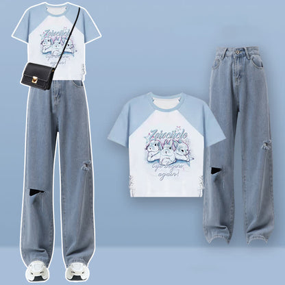 Rabbit Letter Print T-Shirt Pocketed Cargo Pants modakawa