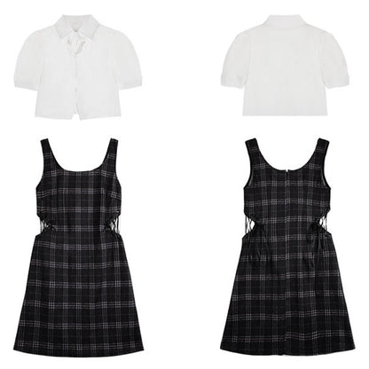 Love Heart Hollow Out T-Shirt Lace Up Plaid Dress Set Modakawa