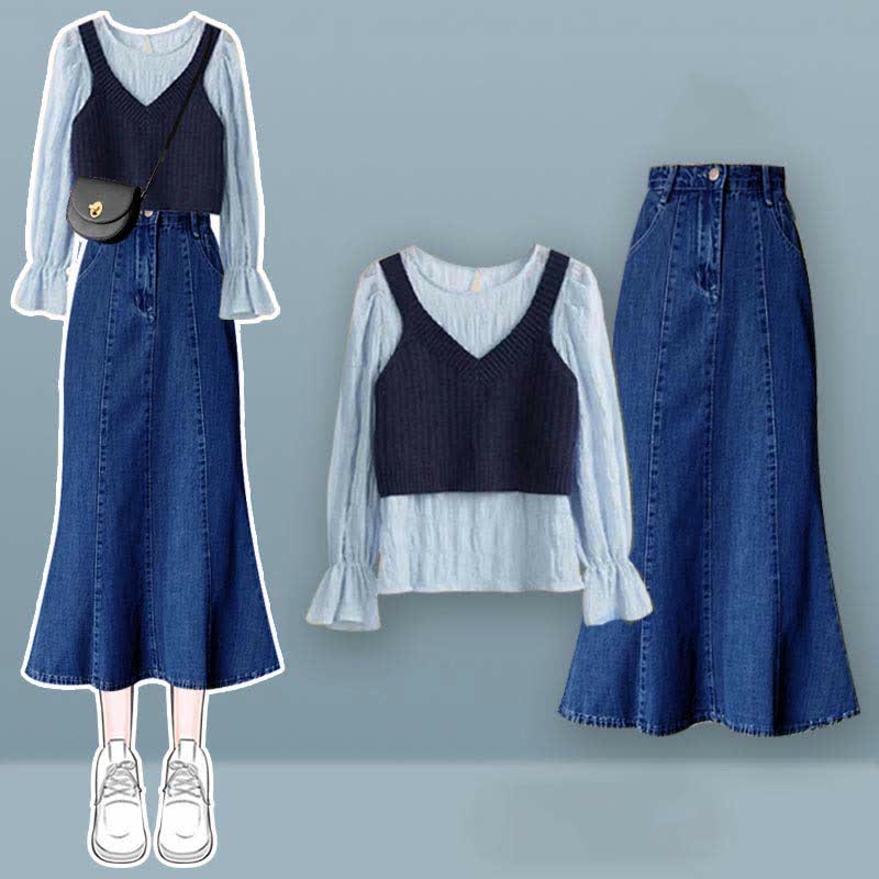 Pure Color Vest Shirt High Waist Fishtail Denim Skirt Modakawa