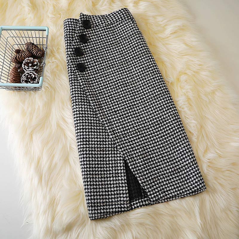 Chic Lattice Print Pocket Split Skirt Modakawa