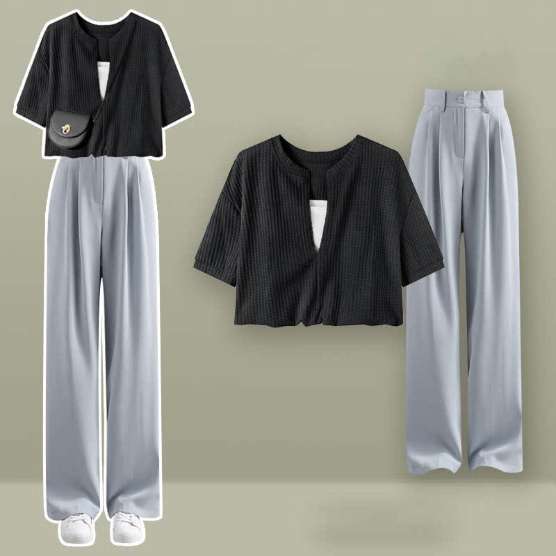 Fake Two Pieces Crop Top T-Shirt Casual Pants Set modakawa