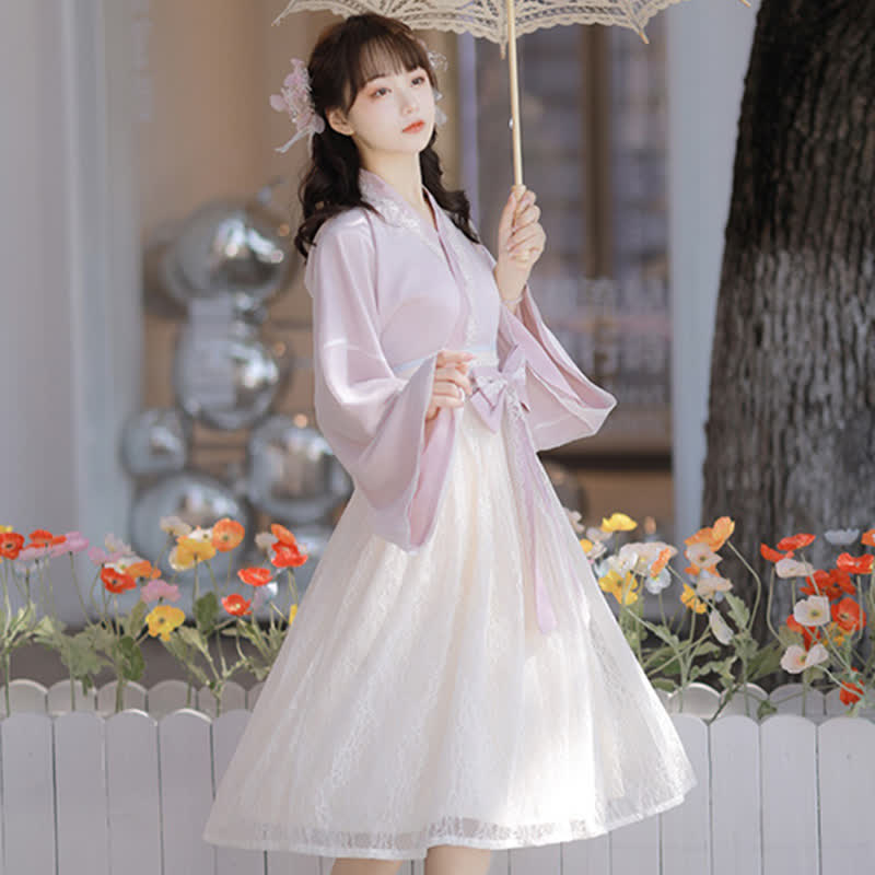 Sweet Floral Embroidery V-neck Bow Decor Dress modakawa