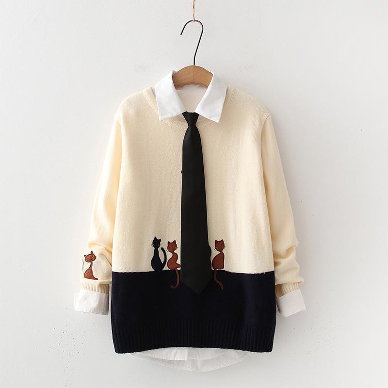 Kitty Embroidery Sweater Tie Shirt Set Modakawa