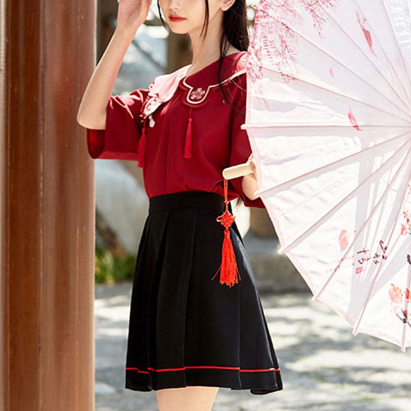 Flower Embroidery Buckle T-Shirt Skirt Set Modakawa