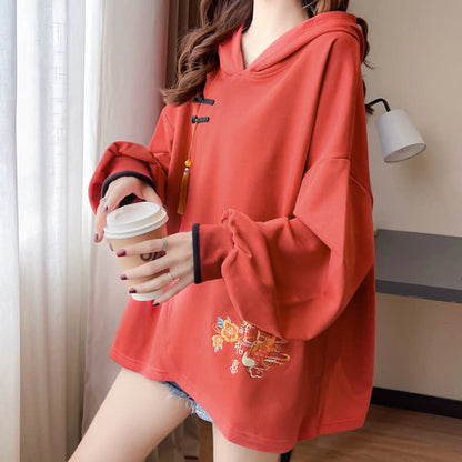 Floral Carp Embroidery Buckle Tassel Loose Hoodie modakawa