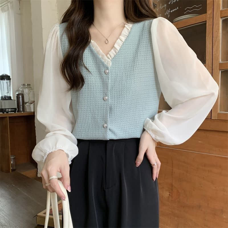 Chic Chiffon Sleeve Shirt High Waist Belted Pleated Skirt modakawa