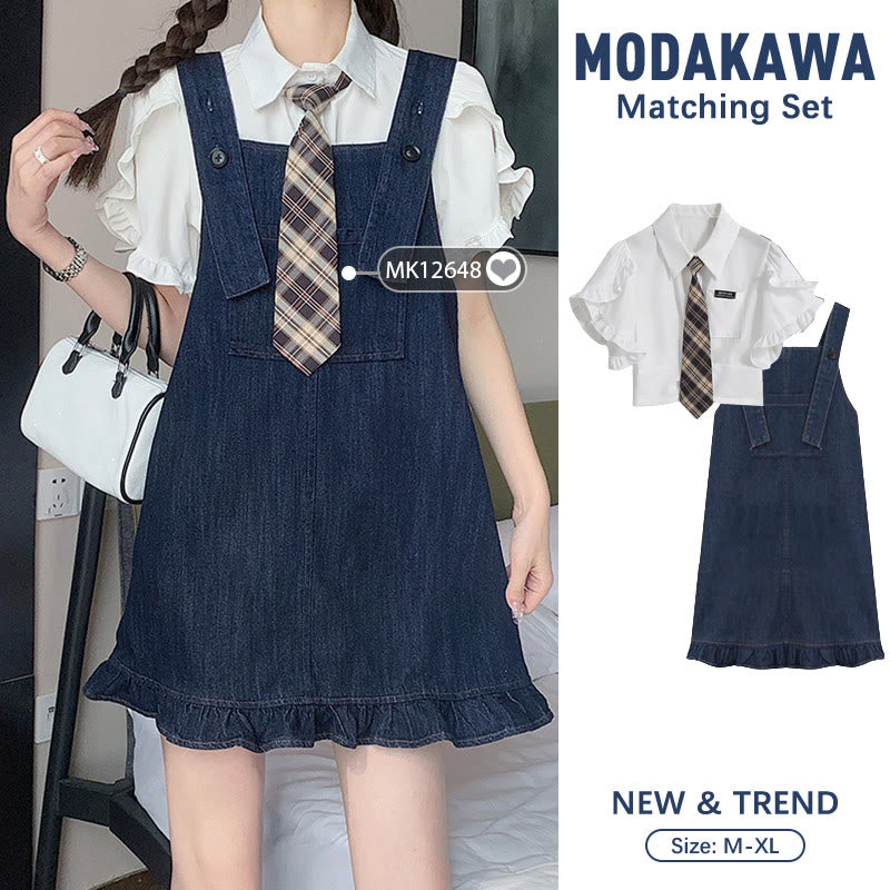 Pocket Lapel Tie T-Shirt Denim Overall Dress Set modakawa