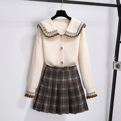 Elegant Doll Collar Knit Sweater Plaid Print Pleated Skirt modakawa