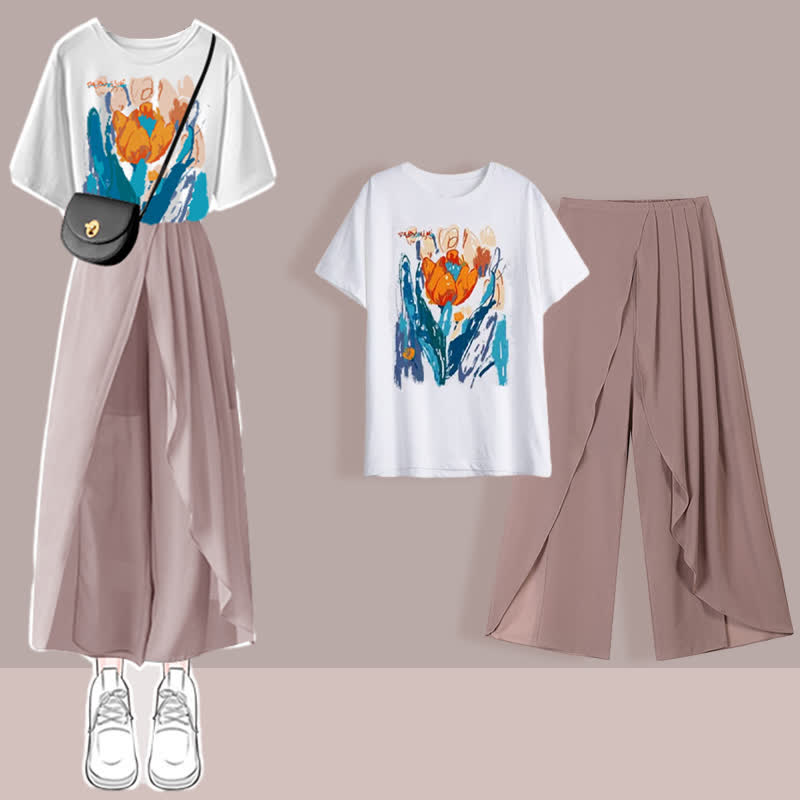 Printed T-Shirt Chiffon Pleated Split Pants Set modakawa