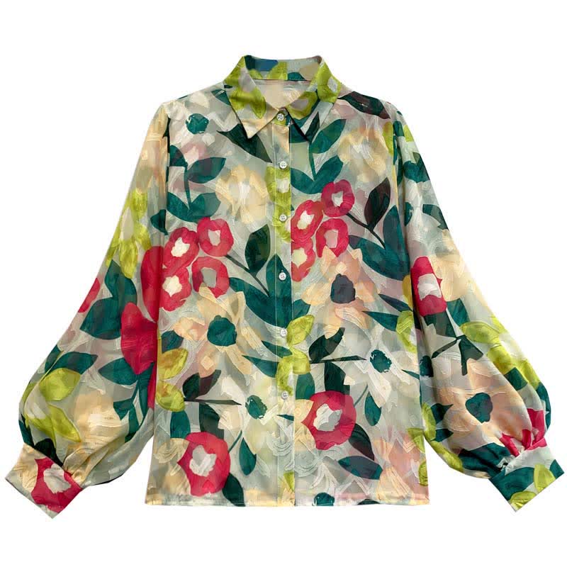 Color Floral Print Puff Sleeve Lapel Shirt Workwear modakawa