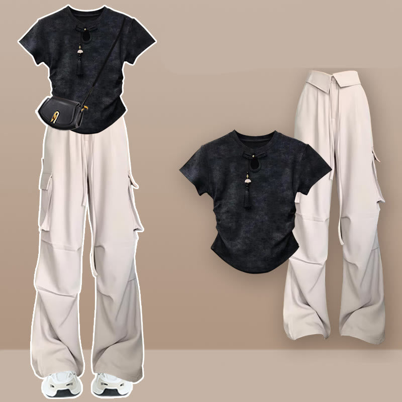 Buckle Tassels T-Shirt Cargo Pants modakawa