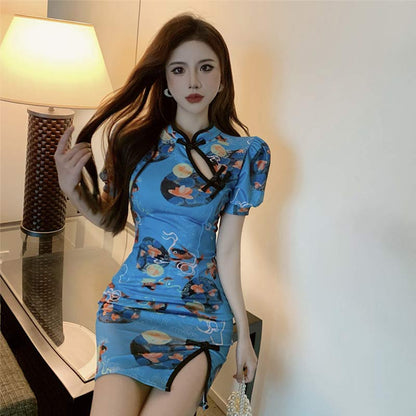 Charming Blue Floral Buckle Split Cheongsam Dress modakawa