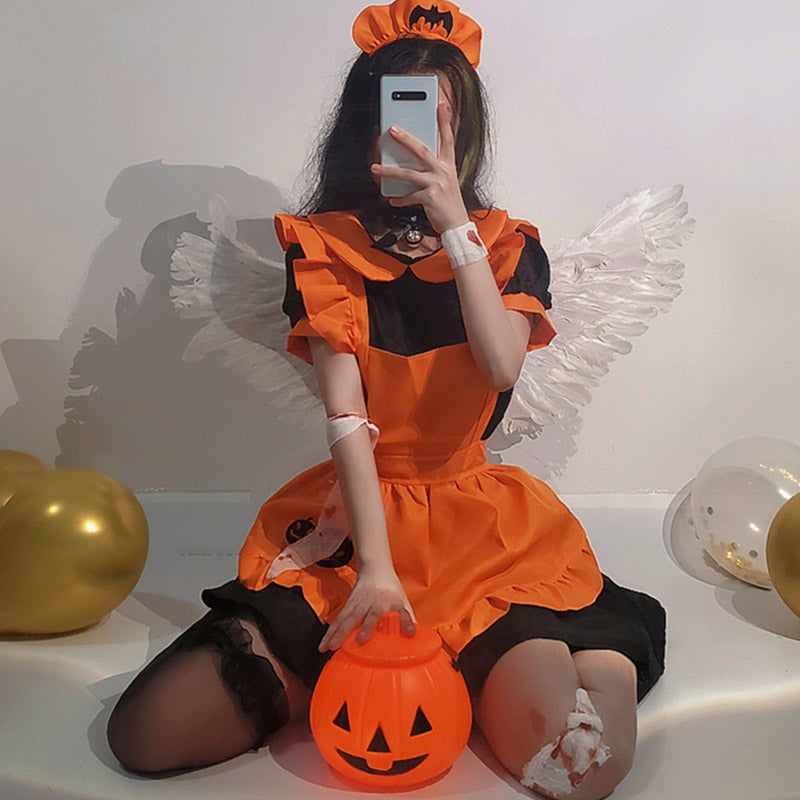 Kawaii Pumpkin Bat Embroidery Doll Collar Maid Dress Modakawa