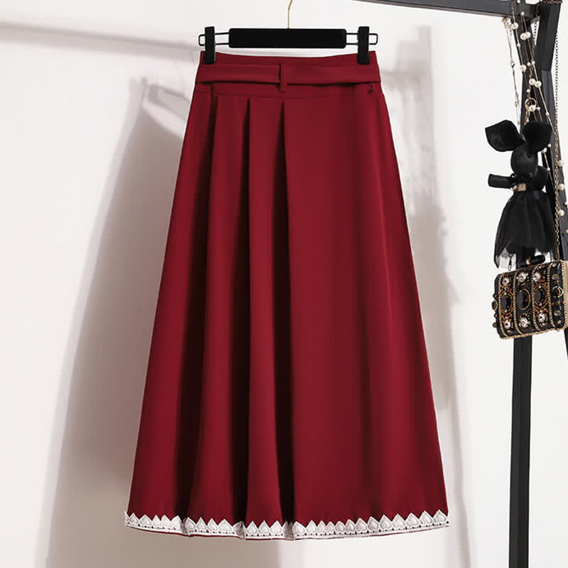 Elegant Pure Color Puff Sleeve T-Shirt Lace Up Pleated Skirt modakawa