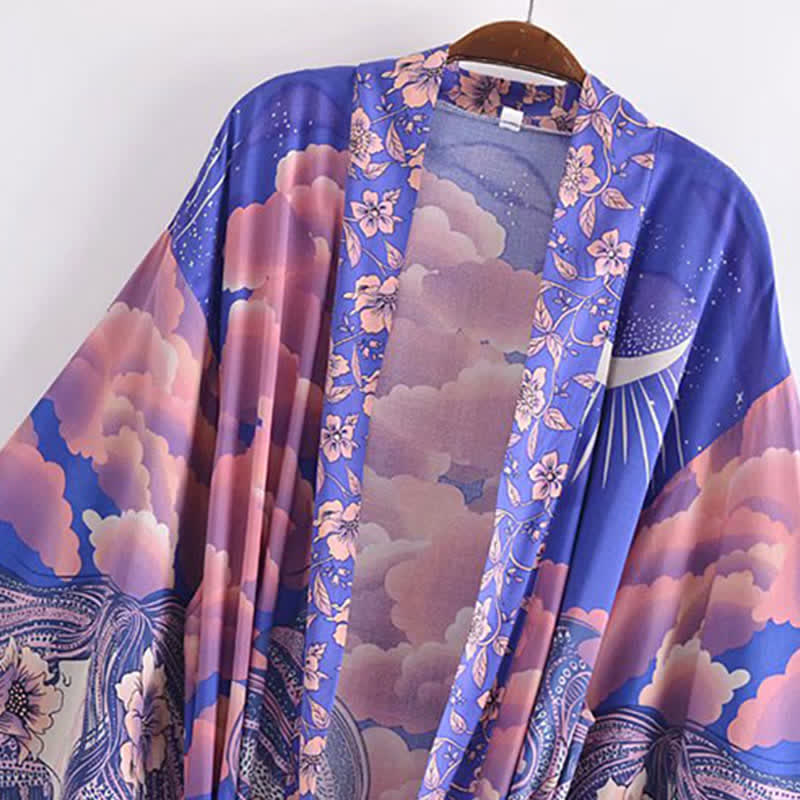 Boho Beach Moon Print Belt Robe Long Cardigan Kimono Outerwear modakawa