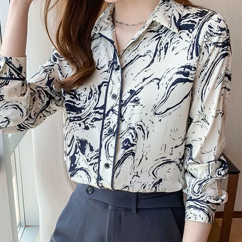 Ink Painting Print Long Sleeve Lapel Shirt modakawa