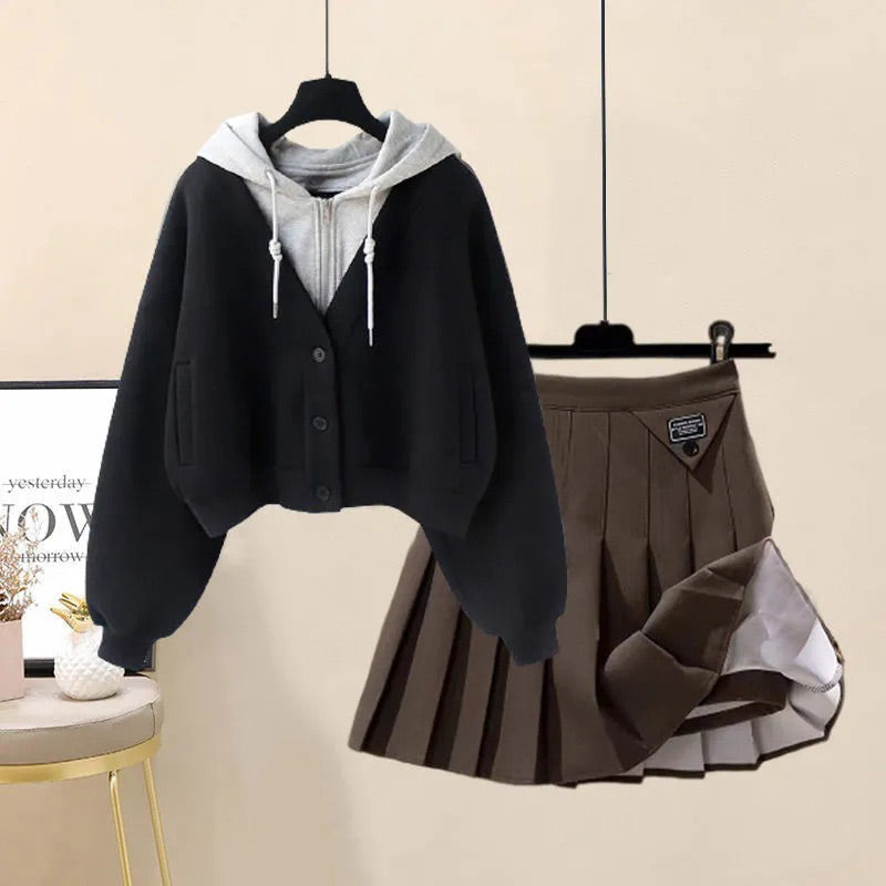 Colorblock Pocket Hoodie Pleated Skirt Set Modakawa