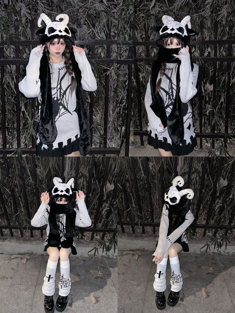 Black and White Scarf Gloves and Hat All-in-one with Horns mySite