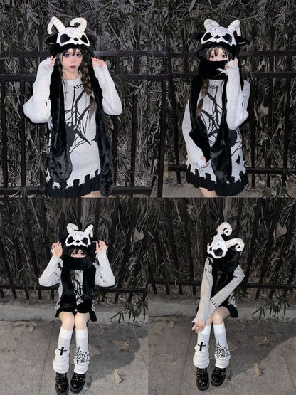 Black and White Scarf Gloves and Hat All-in-one with Horns mySite