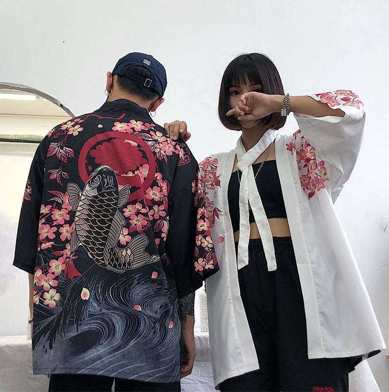 Black Fish Floral Kimono Outerwear Sun Protective modakawa