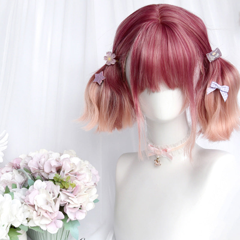 Gradient Pink Short Straight Ponytails Wig With Bangs modakawa