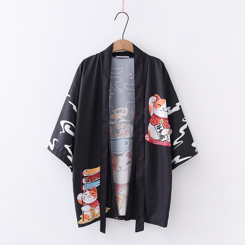 Lucky Cat Print Cardigan Kimono Outerwear modakawa