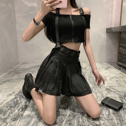 Black Cool Buckle Strap Zipper Crop Top Belted Pleated Skirt modakawa