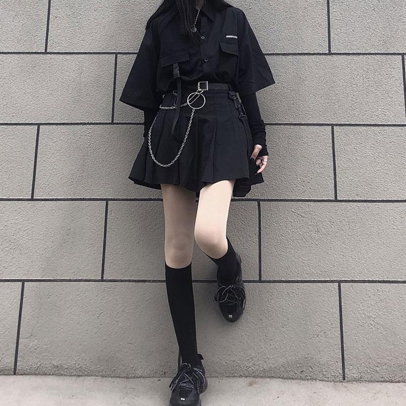 Black Dark Pocket T-Shirt Skirt Set Modakawa