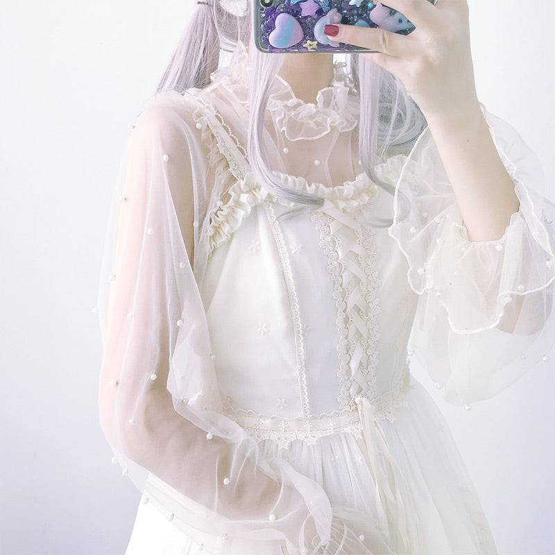 Fairy Pearl Decor Tulle Flouncing Sleeve Cardigan Shirt Modakawa