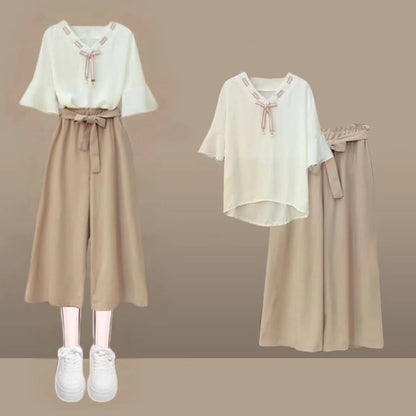 Elegant Bowknot Chiffon T-Shirt Lace Up Wide Leg Pants modakawa