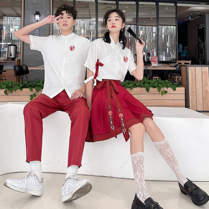 Couple Vintage Embroidery T-Shirt Lace Up Skirt Pants modakawa