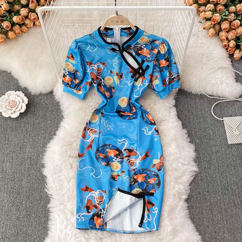 Charming Blue Floral Buckle Split Cheongsam Dress modakawa