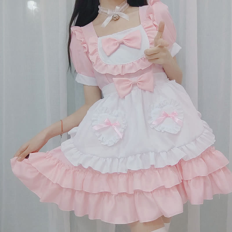 Pink Lolita Love Heart Bow Knot Ruffled Maid Dress Modakawa