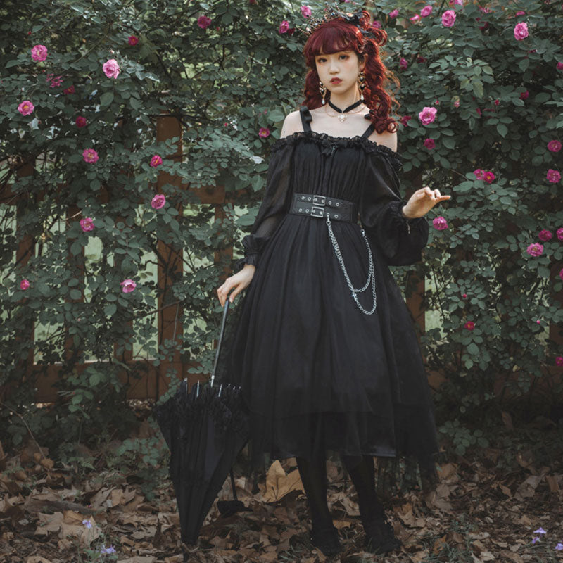 Black Chain Belt Long Sleeve Slip Lolita Dress modakawa