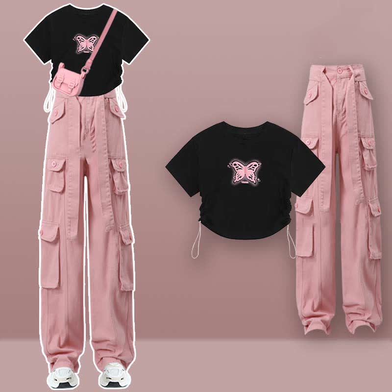 Butterfly Print Draw String T-Shirt Pocketed Cargo Pants modakawa