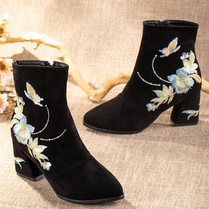 Vintage Blossom Embroidery Zipper Boots modakawa