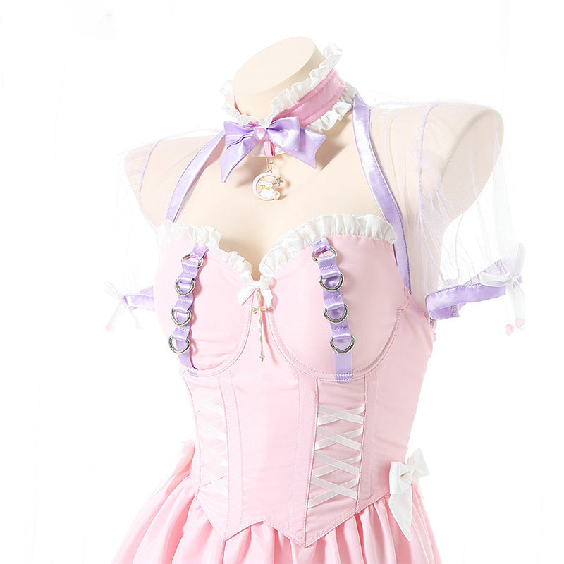 Pink Lace Up Lolita Maid Dress Set Modakawa