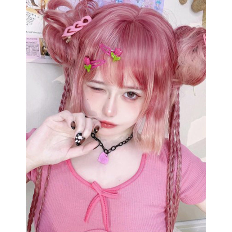 Gradient Pink Short Straight Ponytails Wig With Bangs modakawa