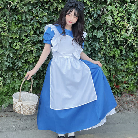 Lolita Blue Lapel Ruffled Maid Long Dress Modakawa