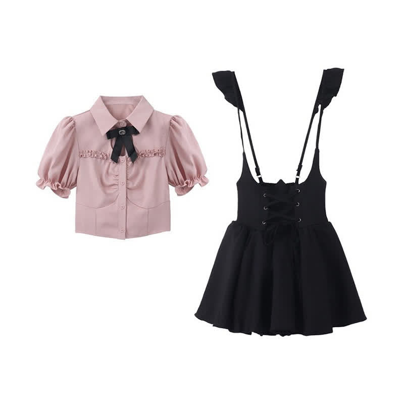 Pink Love Heart Hollow Out Bowknot T-Shirt Lace up Suspender Dress modakawa