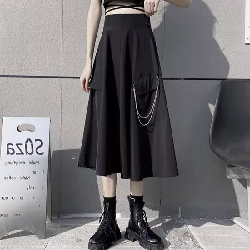 Black Chain Pocketed Tie Polo T-Shirt Cargo Skirt modakawa