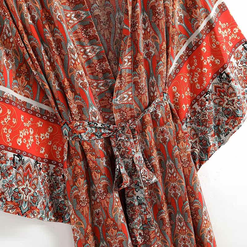 Boho Vintage Red Print Belt Robe Cardigan Outerwear modakawa