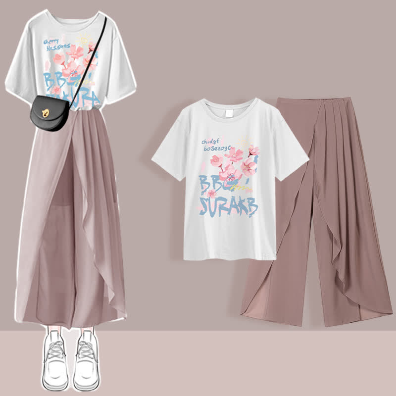 Printed T-Shirt Chiffon Pleated Split Pants Set modakawa