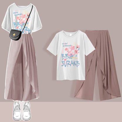 Printed T-Shirt Chiffon Pleated Split Pants Set modakawa