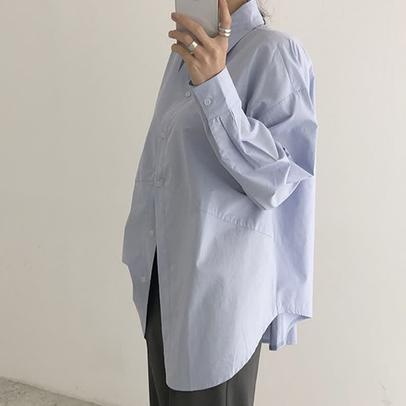 Lapel Pure Color Long Sleeve Loose Shirt Workwear modakawa