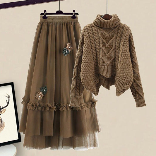 Brown Turtleneck Sweater Blossom Decor Tulle Skirt Set modakawa