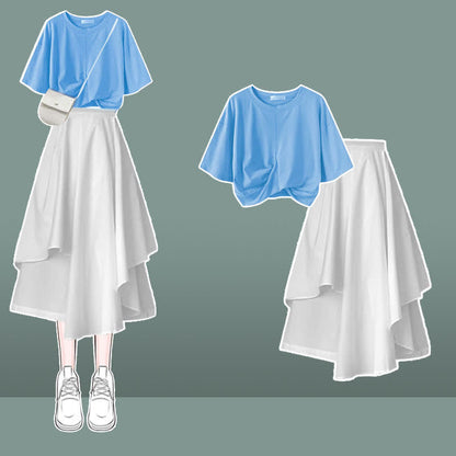 Bow Round Collar Bowknot Crop T-Shirt Irregular Skirt modakawa