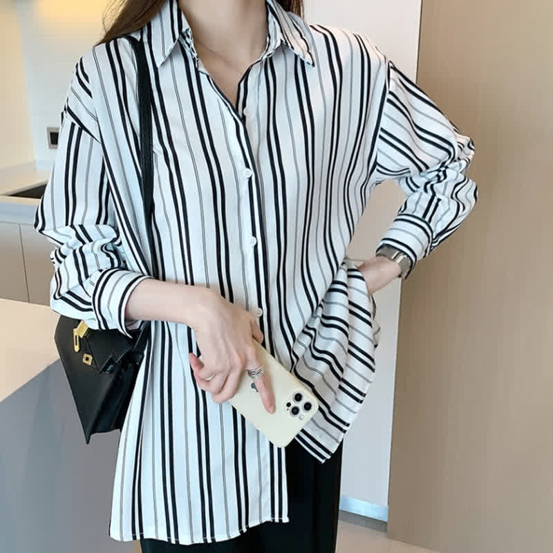 Stripe Print Long Sleeve Chiffon Shirt Workwear modakawa