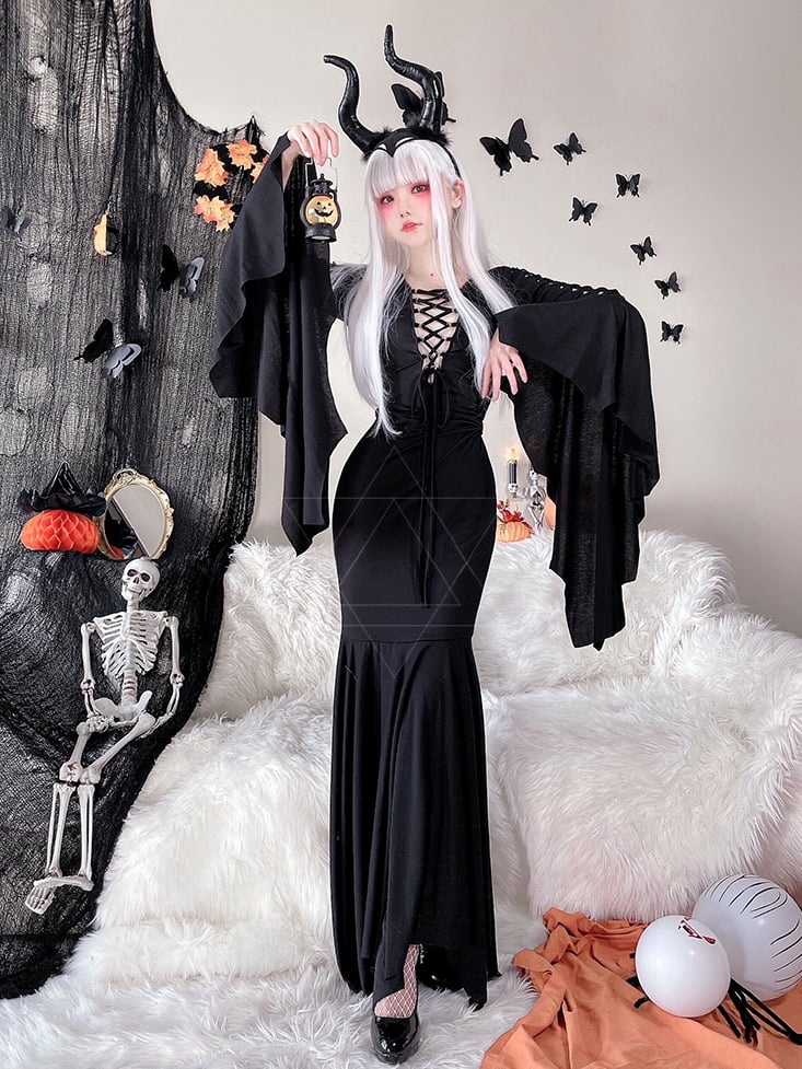 Halloween Costume Black Wide Bat Sleeves Witch Dress mySite