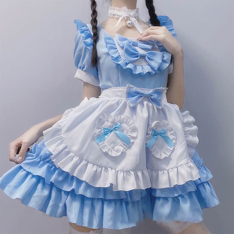 Kawaii Blue Lace Up Bow Maid Lolita Dress Modakawa